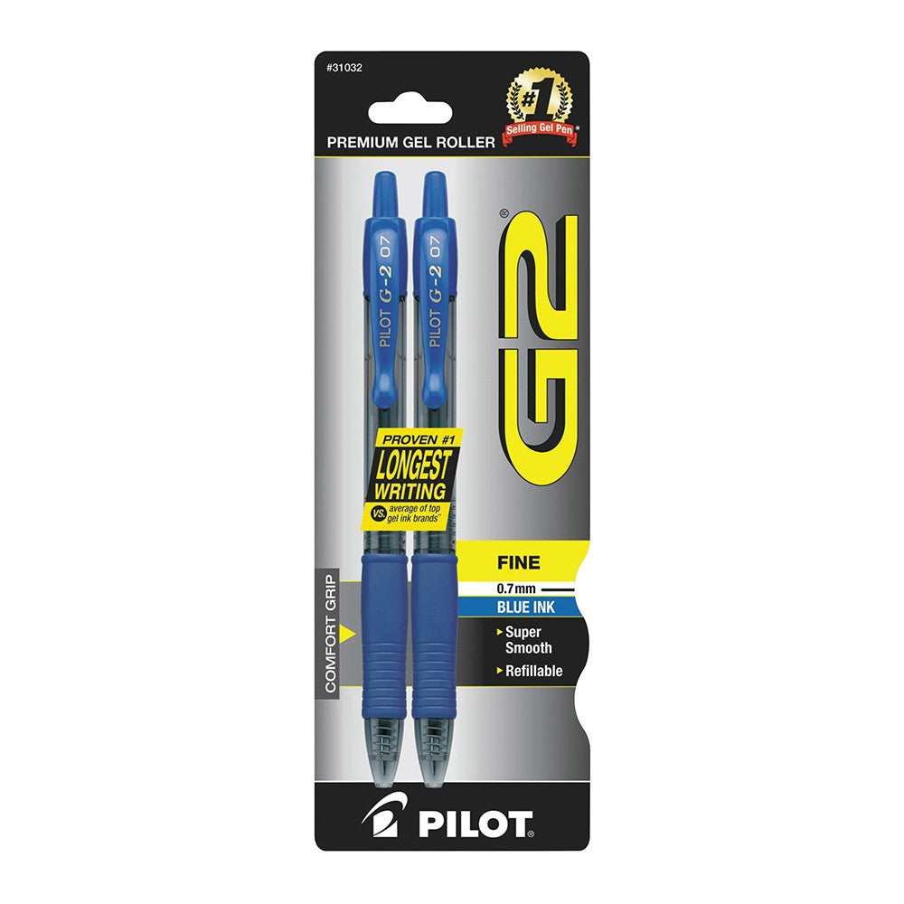 Pilot G2 Premium Gel Roller Pens, Fine Point 0.7 mm, Blue Ink, 2 Ea